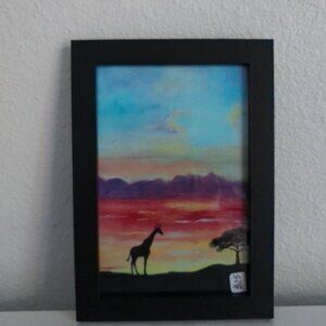 Sun Set Giraffe 4"x6" within a new black wood Frame, Africa, trees, natural